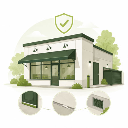 Green illustrated graphic of Commercial property in Hertfordshire requiring pest control