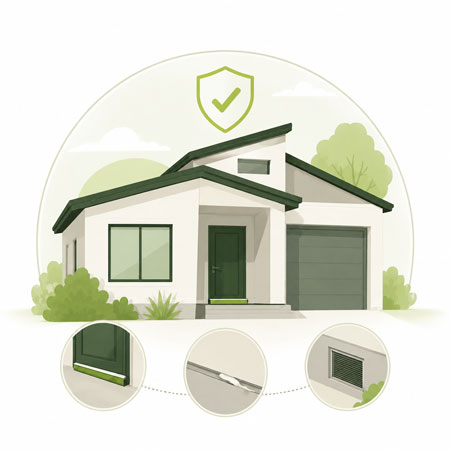Green illustrated graphic of a house with each pest issue source resolved