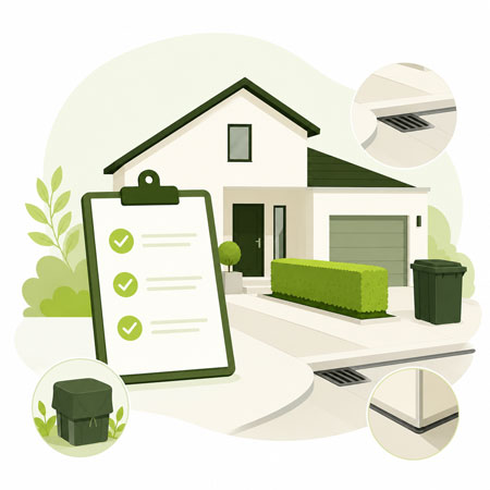 Green illustrated graphic of a house with a checklist displaying areas managed to prevent pest issues